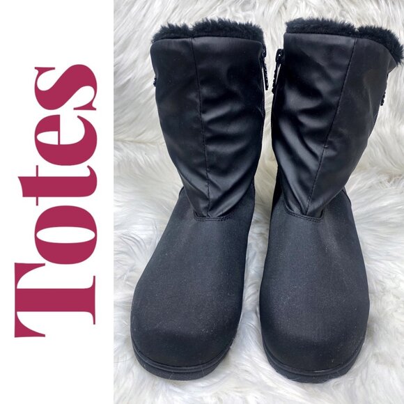 TOTES Black Mid Calf Stretchy Zippered Insulated Rain Boot Wedge, Size 8W - Picture 1 of 11